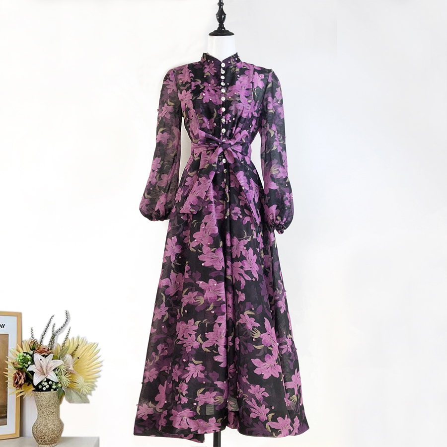 Realistic design with exquisite French style waist cinching and large swing dress, high-end luxury diamond cut small stand collar printed long skirt for women Realistic design with exquisite French style waist cinching and large swing dress, high-end luxury diamond cut small stand collar printed long skirt for women