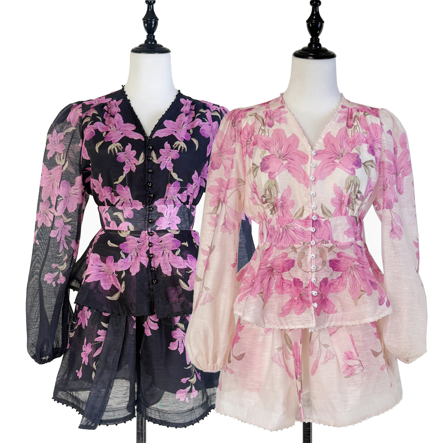 Real shot Australian new silk and linen black and pink V-neck nail bead long sleeved waist cinching shirt+wide leg short set