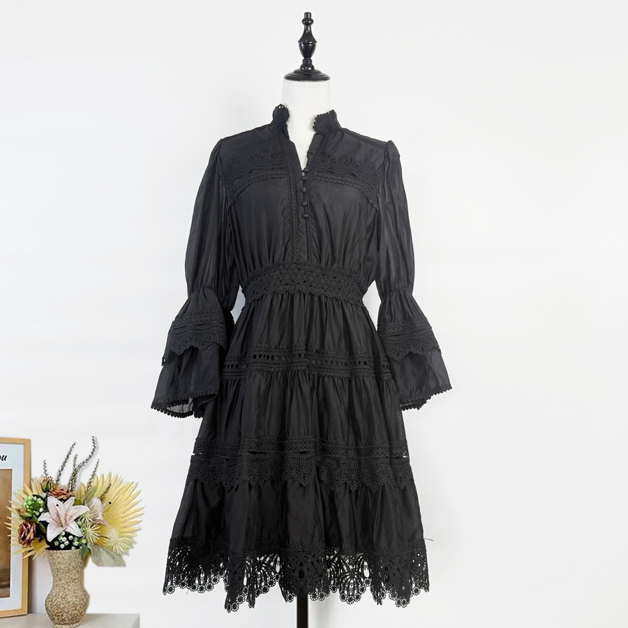 Realistic shooting of French elegant early autumn flared sleeves with heavy embroidery and hollow out vacation style dress, short lace skirt Realistic shooting of French elegant early autumn flared sleeves with heavy embroidery and hollow out vacation style dress, short lace skirt