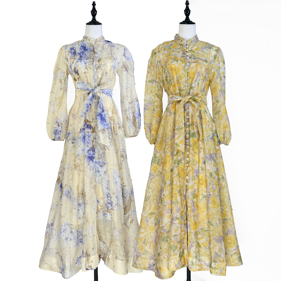 Real shot Australian retro print sparkling diamond socialite temperament single breasted large swing dress party long dress