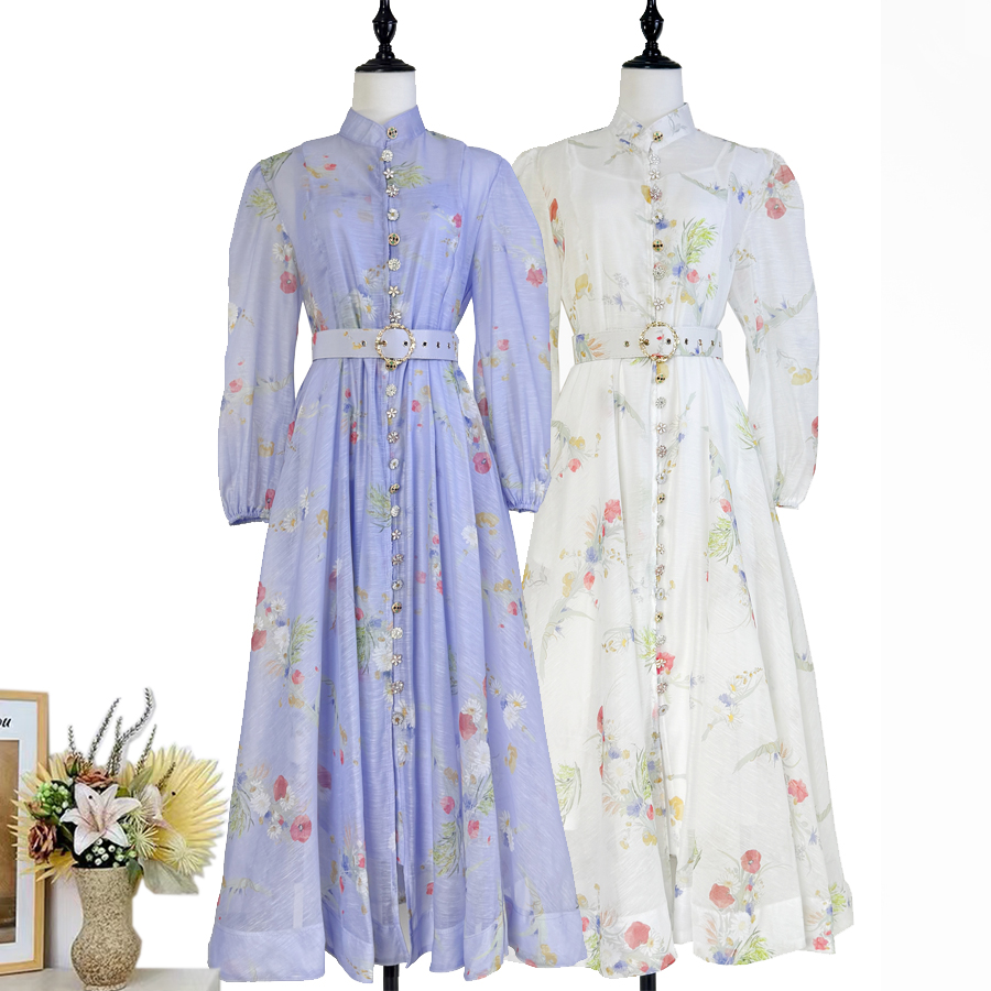 Real shot of Australian niche classic retro printed lantern sleeve single breasted mid length dress+belt