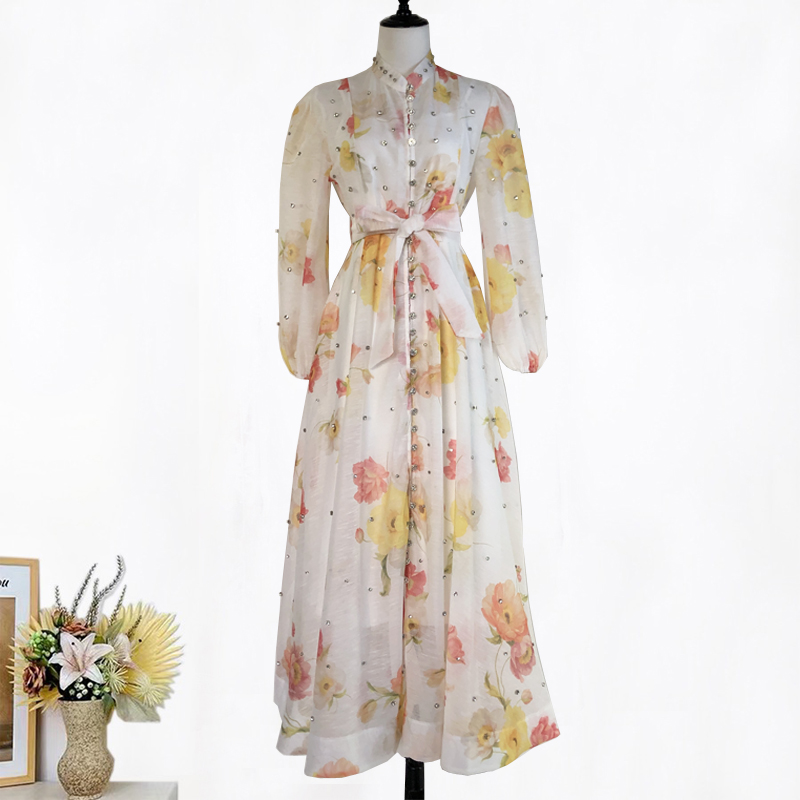 Realistic design with exquisite French style waist cinching and large swing dress, high-end luxury diamond cut small stand collar printed long skirt for women Realistic design with exquisite French style waist cinching and large swing dress, high-end luxury diamond cut small stand collar printed long skirt for women