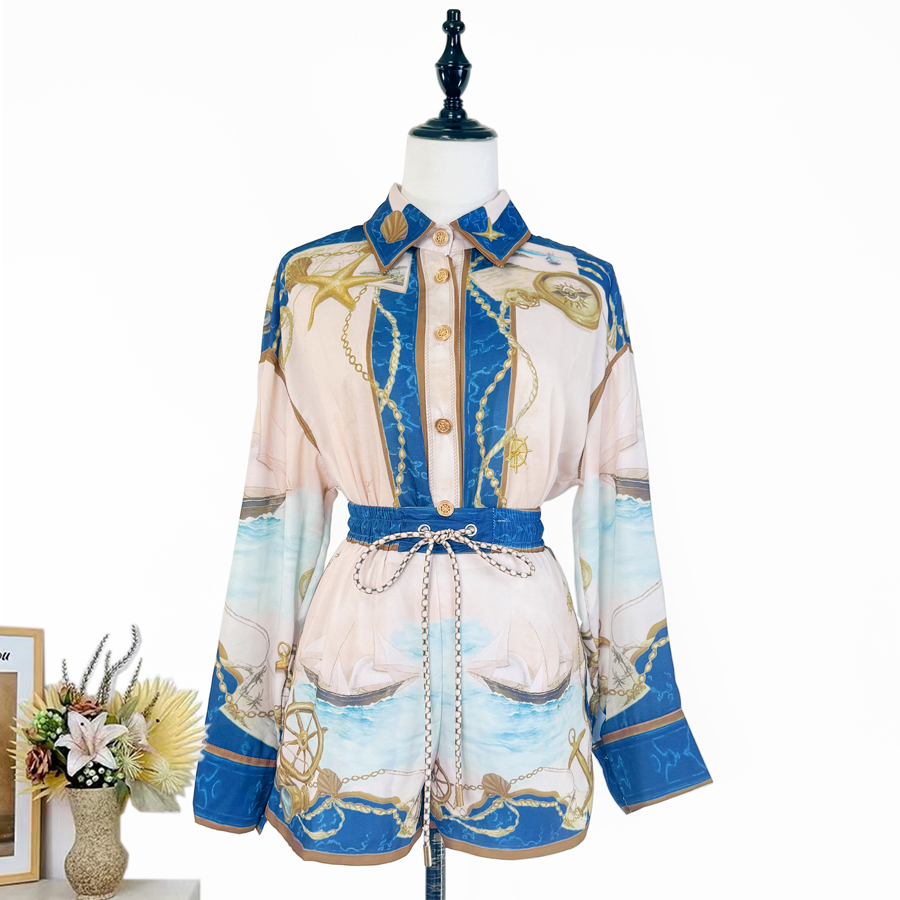 Real shot Australian niche blue nautical print long sleeved shirt shorts fashionable casual set two-piece set Real shot Australian niche blue nautical print long sleeved shirt shorts fashionable casual set two-piece set