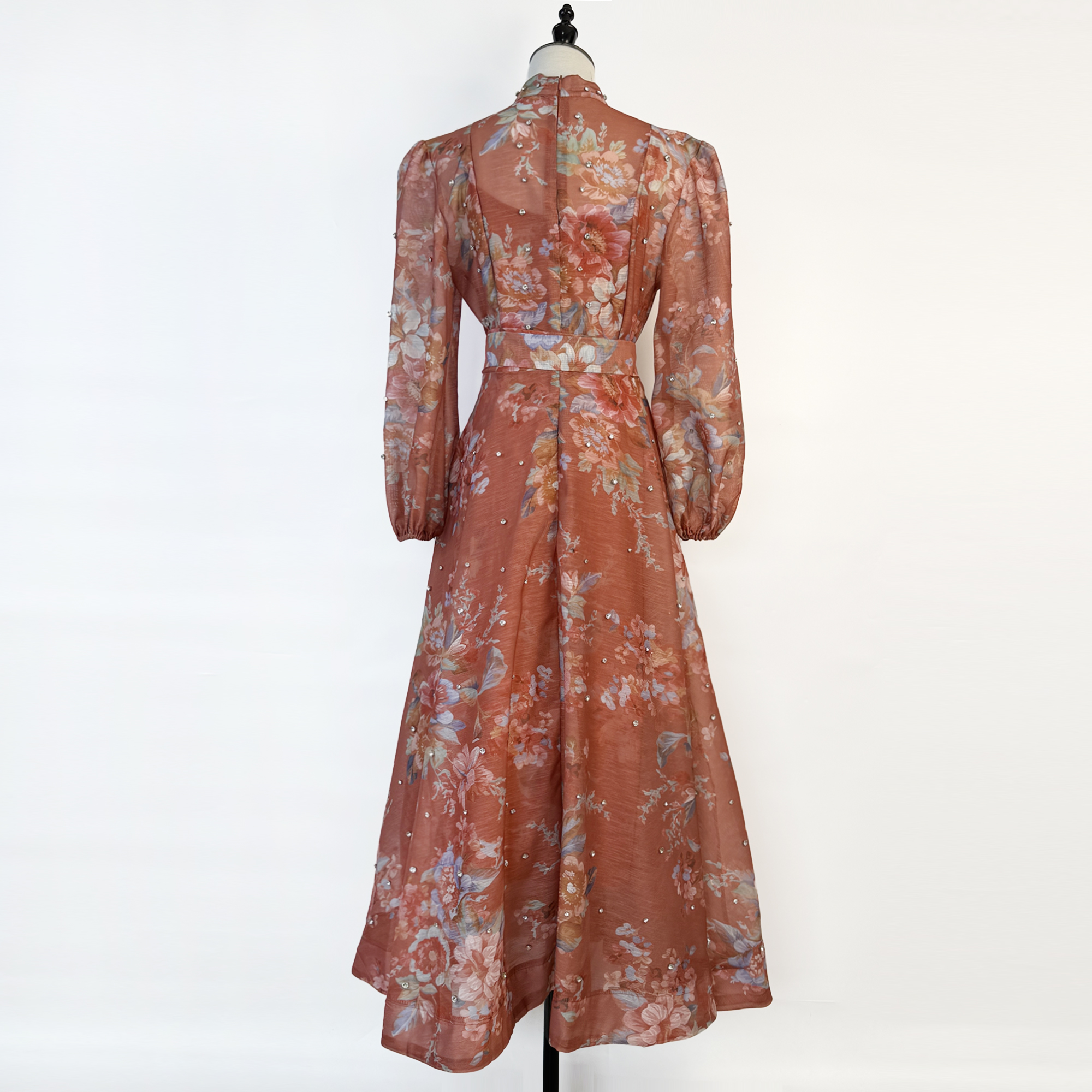 Realistic design with exquisite French style waist cinching and large swing dress, high-end luxury diamond cut small stand collar printed long skirt for women Realistic design with exquisite French style waist cinching and large swing dress, high-end luxury diamond cut small stand collar printed long skirt for women