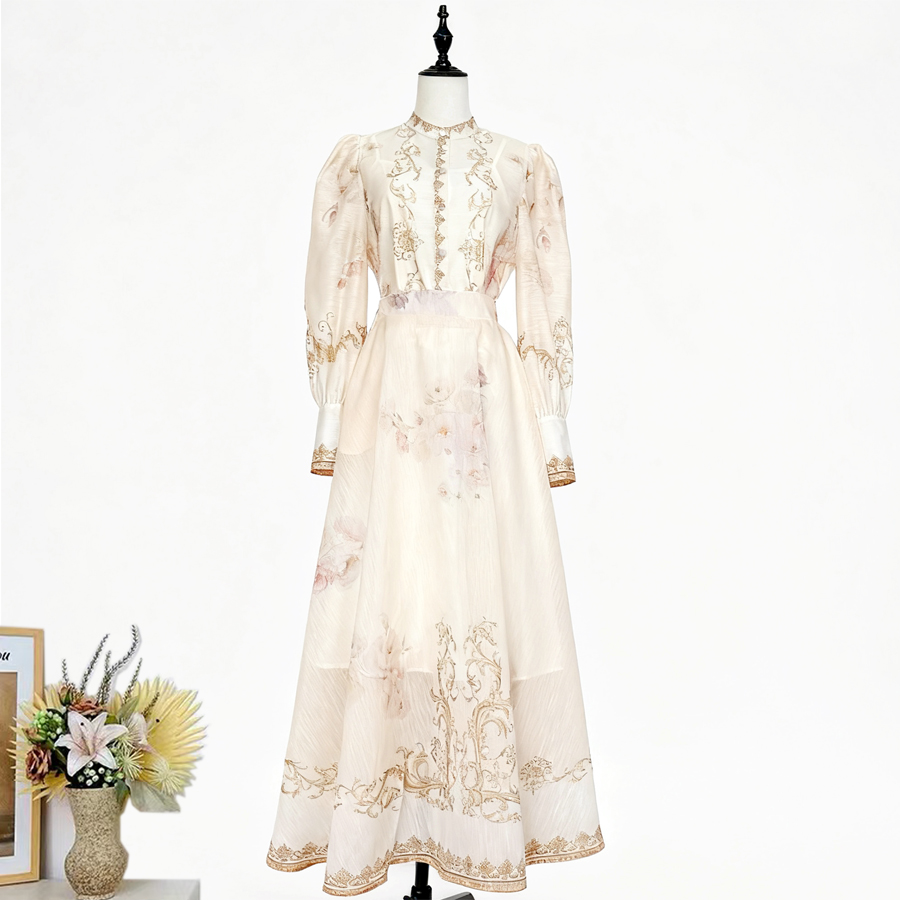 Real shot of the new Australian Paisley printed bubble sleeve shirt+semi elastic waist oversized skirt set long skirt