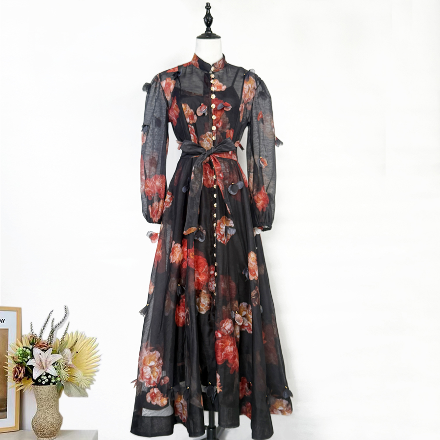 Real shot of elegant stand up collar rose buckle heavy flower decoration waist cinching tie up big swing dress long skirt in Europe and America