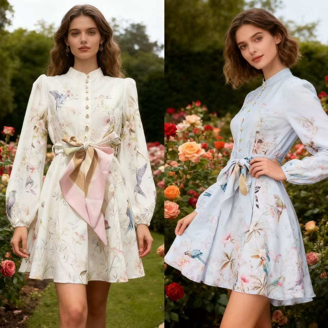 New early autumn floral and bird print long sleeved waist cinched shirt short dress