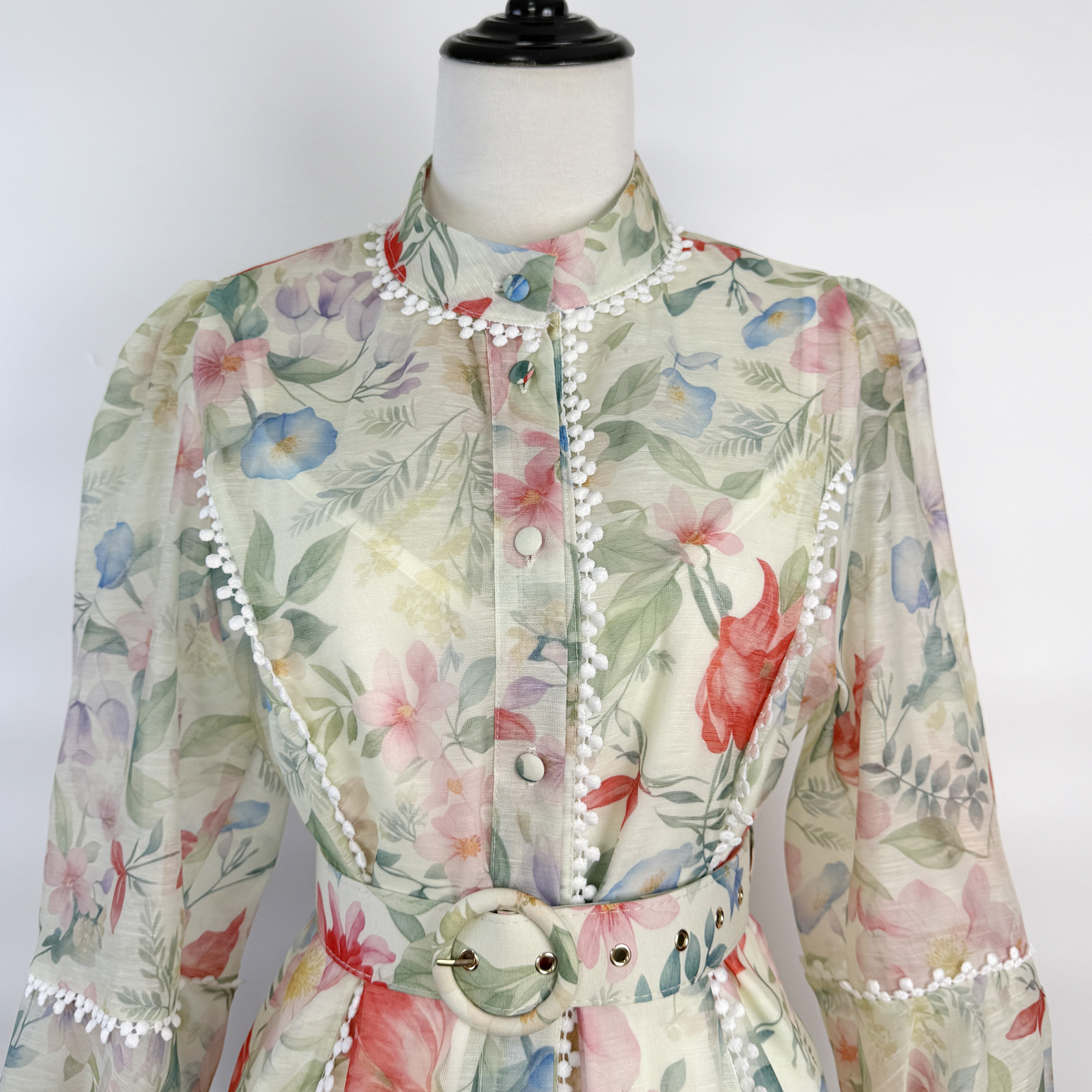 Realistic 4-color artistic atmosphere British autumn party light luxury printed stand up collar lantern long sleeved short dress Realistic 4-color artistic atmosphere British autumn party light luxury printed stand up collar lantern long sleeved short dress