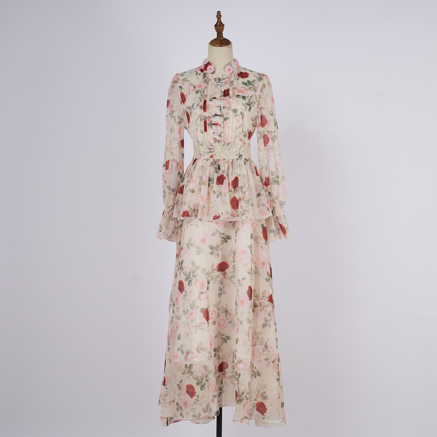 Real time shooting of fresh and sweet long skirt, summer new style round neck button embroidery printed waist cinching dress, 8 colors Real time shooting of fresh and sweet long skirt, summer new style round neck button embroidery printed waist cinching dress, 8 colors