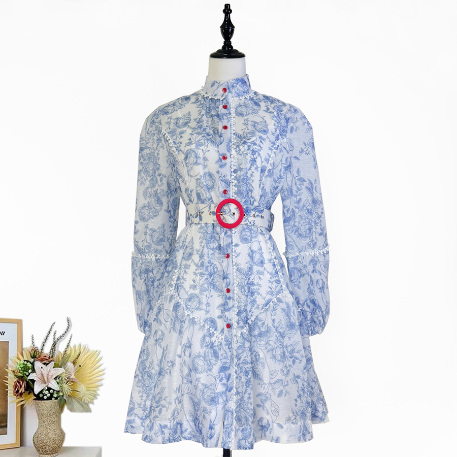 Real shooting of Australian new women's standing collar bubble long sleeved contrasting single breasted blue printed jumpsuit short skirt