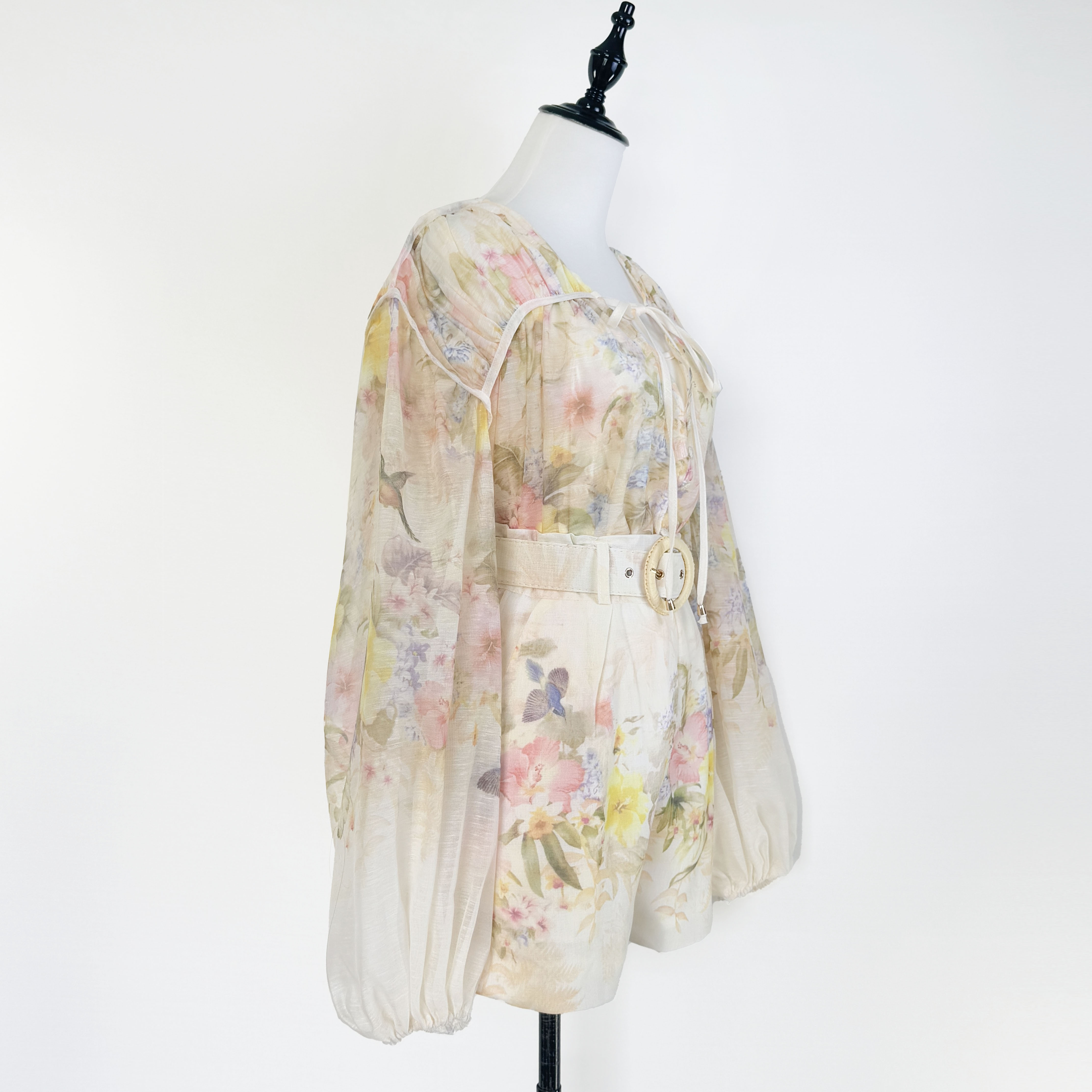 Real time shooting of new light luxury pleated single breasted hummingbird print loose shirt+wide leg pants set with belt Real time shooting of new light luxury pleated single breasted hummingbird print loose shirt+wide leg pants set with belt