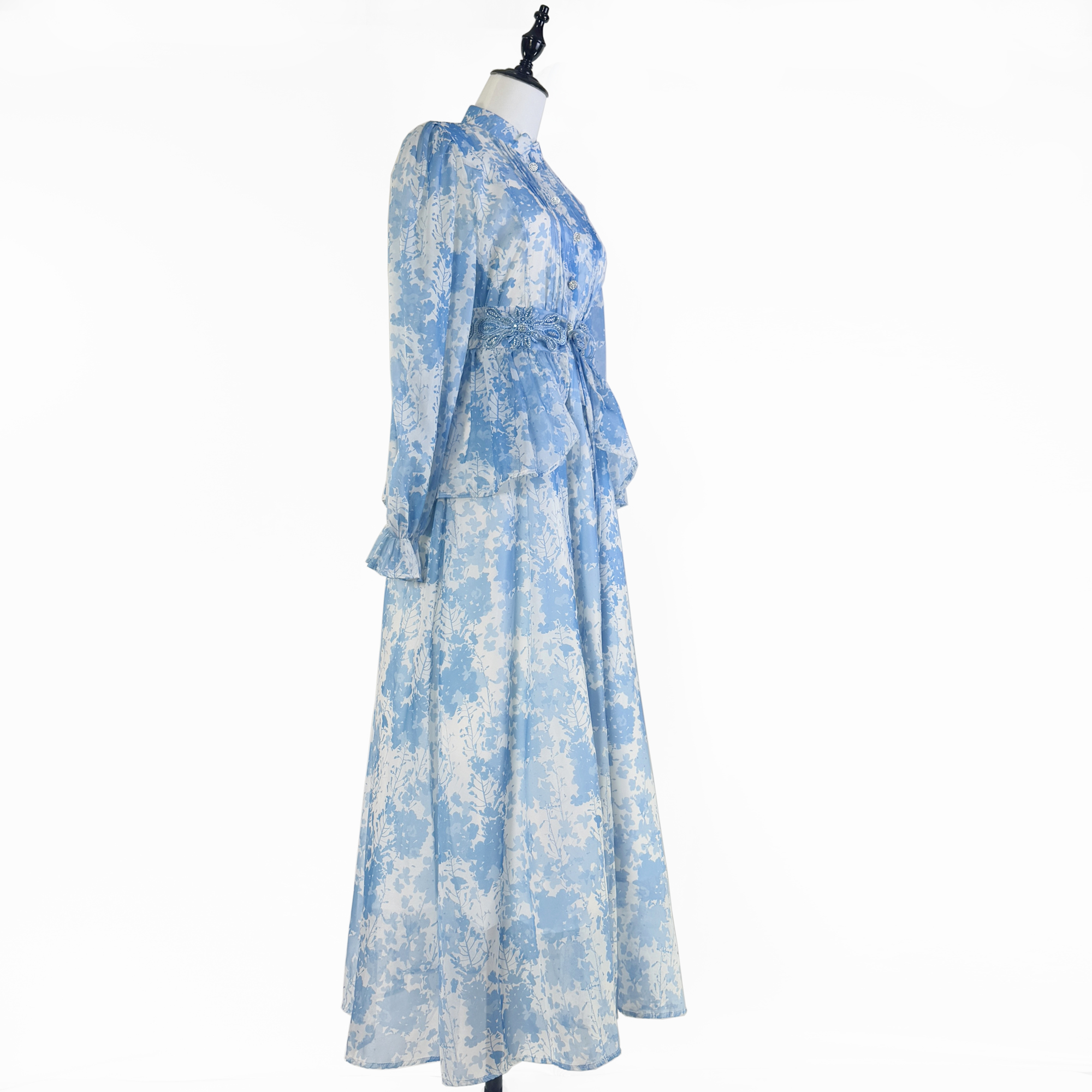 Real time shooting of autumn new product, French design, printed lace up, nail bead, lotus leaf edge waist seal, waist cinching, slim fit dress Real time shooting of autumn new product, French design, printed lace up, nail bead, lotus leaf edge waist seal, waist cinching, slim fit dress