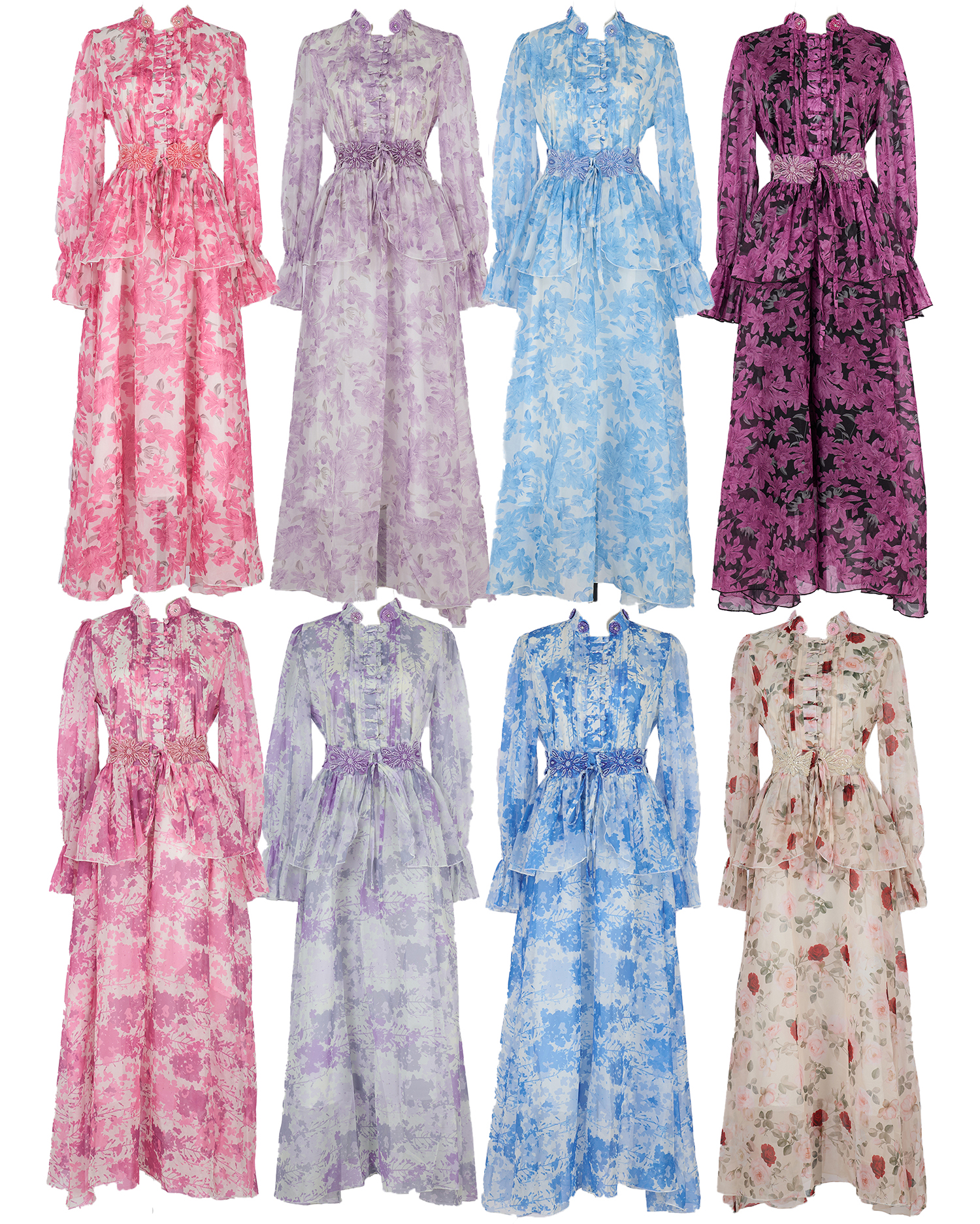 Real time shooting of fresh and sweet long skirt, summer new style round neck button embroidery printed waist cinching dress, 8 colors