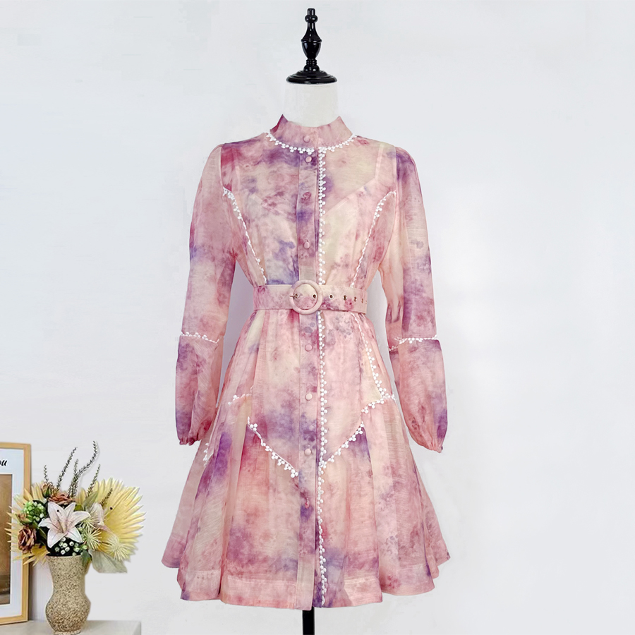 Realistic 4-color artistic atmosphere British autumn party light luxury printed stand up collar lantern long sleeved short dress Realistic 4-color artistic atmosphere British autumn party light luxury printed stand up collar lantern long sleeved short dress