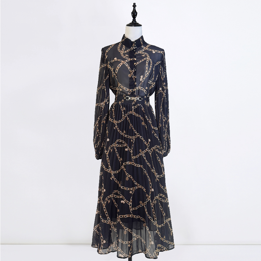 Realistic photo of 25 autumn/winter cream colored pendant pattern, sun pleated women's shirt+pleated skirt set