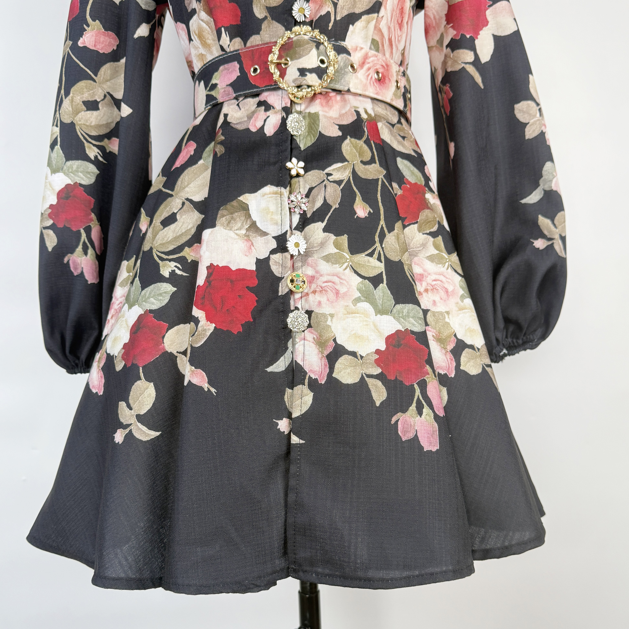 Real time shooting of Spring and Autumn new style women's standing collar lantern long sleeved waist cinching large swing printed jumpsuit short skirt+belt Real time shooting of Spring and Autumn new style women's standing collar lantern long sleeved waist cinching large swing printed jumpsuit short skirt+belt