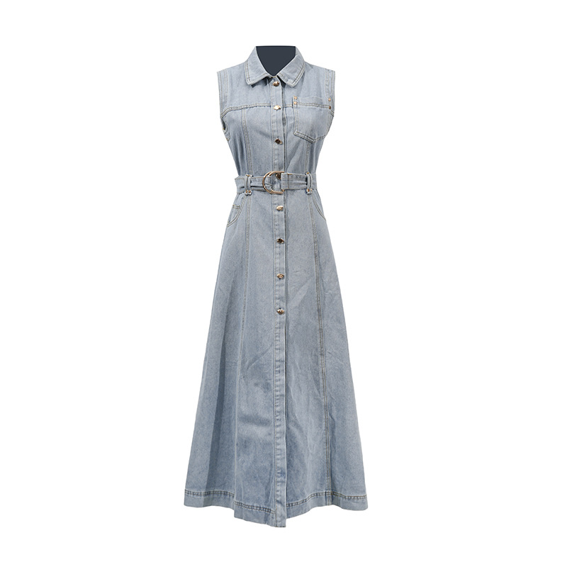 Korean style fashion lapel denim long dress 2025 summer new item with tie up and waist cinching for slimming, sleeveless long dress for women Korean style fashion lapel denim long dress 2025 summer new item with tie up and waist cinching for slimming, sleeveless long dress for women