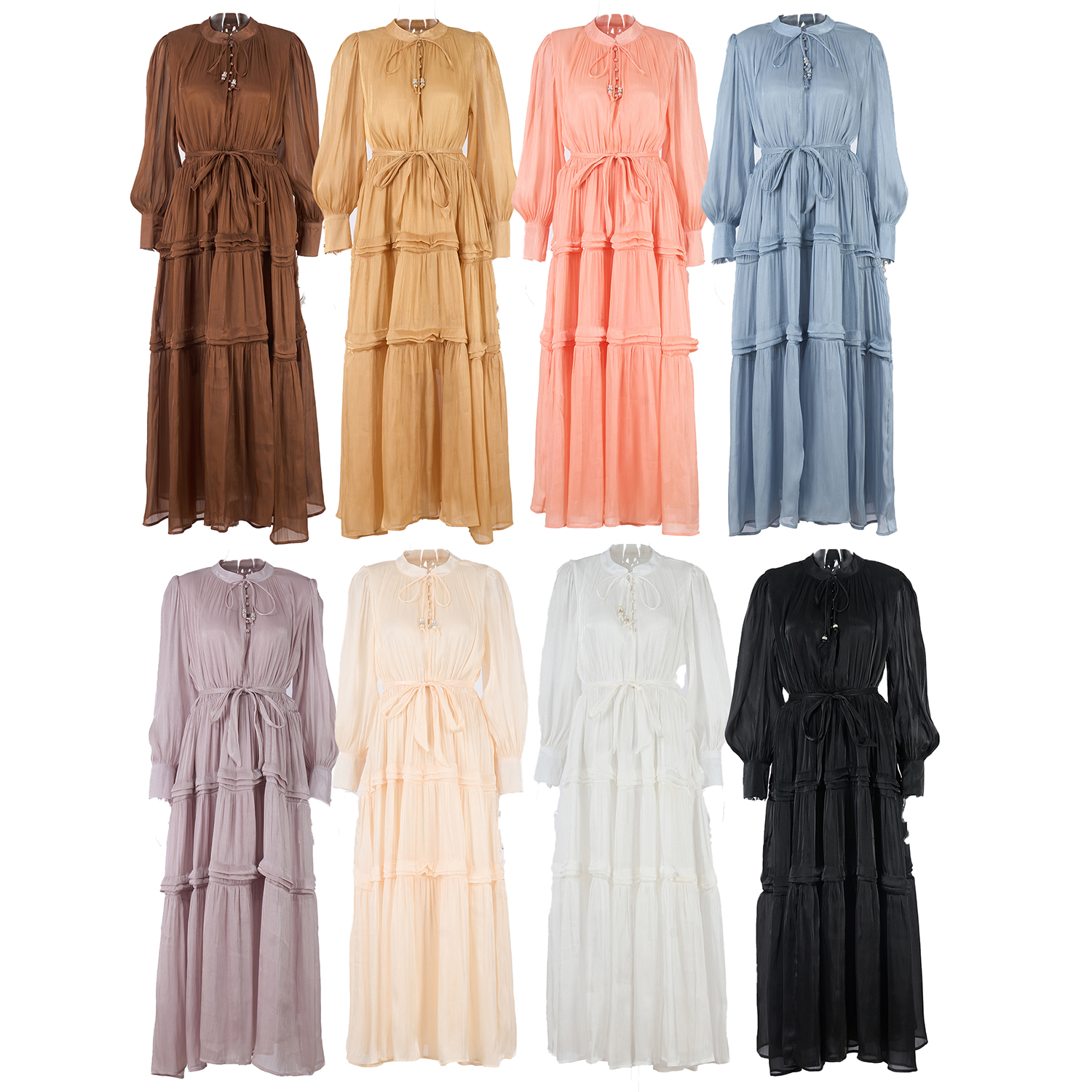 Real shooting of European and American style autumn new women's long sleeved dress with loose waist and slimming temperament long skirt in 8 colors