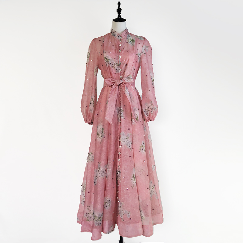 Realistic design with exquisite French style waist cinching and large swing dress, high-end luxury diamond cut small stand collar printed long skirt for women Realistic design with exquisite French style waist cinching and large swing dress, high-end luxury diamond cut small stand collar printed long skirt for women