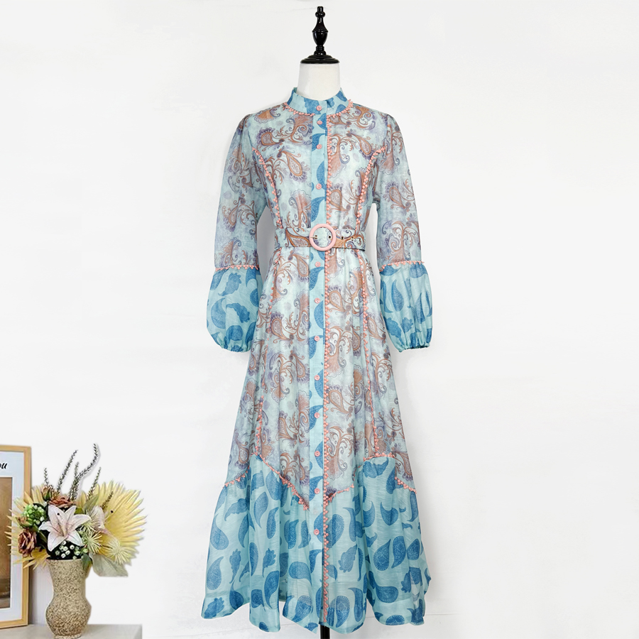 Real shot Australian retro cashew flower contrasting fashion single breasted lace patchwork stand up collar lantern sleeve dress medium length