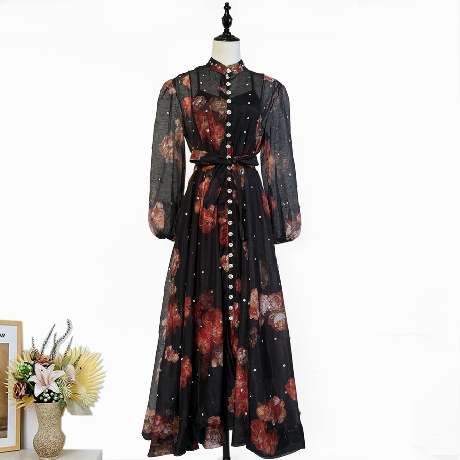 Realistic design with exquisite French style waist cinching and large swing dress, high-end luxury diamond cut small stand collar printed long skirt for women Realistic design with exquisite French style waist cinching and large swing dress, high-end luxury diamond cut small stand collar printed long skirt for women