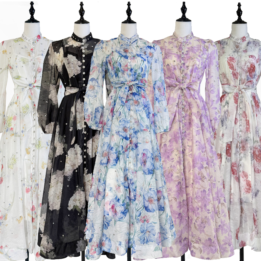 Real time shooting of European and American light luxury high-end custom-made new heavy industry nail drill blingbling single breasted large swing dress long