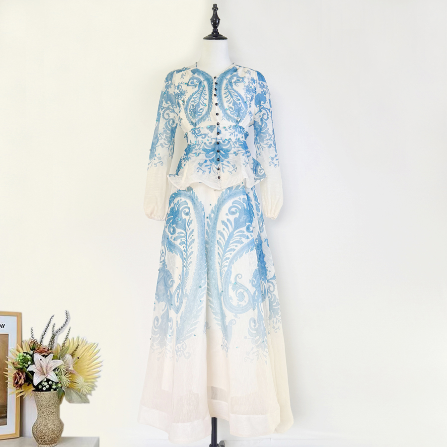 Realistic shooting of vacation style new Tencel hemp V-neck ruffled waist shirt, high waist long skirt set, two pieces of skirt