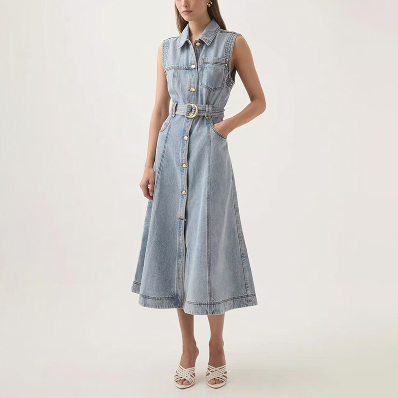 Korean style fashion lapel denim long dress 2025 summer new item with tie up and waist cinching for slimming, sleeveless long dress for women Korean style fashion lapel denim long dress 2025 summer new item with tie up and waist cinching for slimming, sleeveless long dress for women