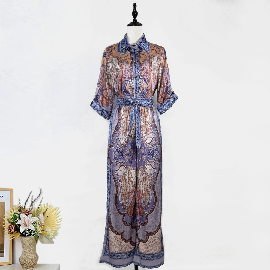 Real shot Australian new grey blue retro printed loose sleeved shirt+wide leg long pants fashionable suit for women