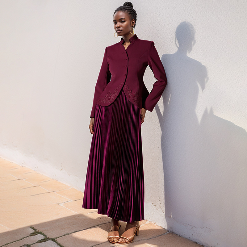 Fashionable, elegant and high-end set 2025 new embroidered stand up collar single breasted top+pleated high waisted skirt