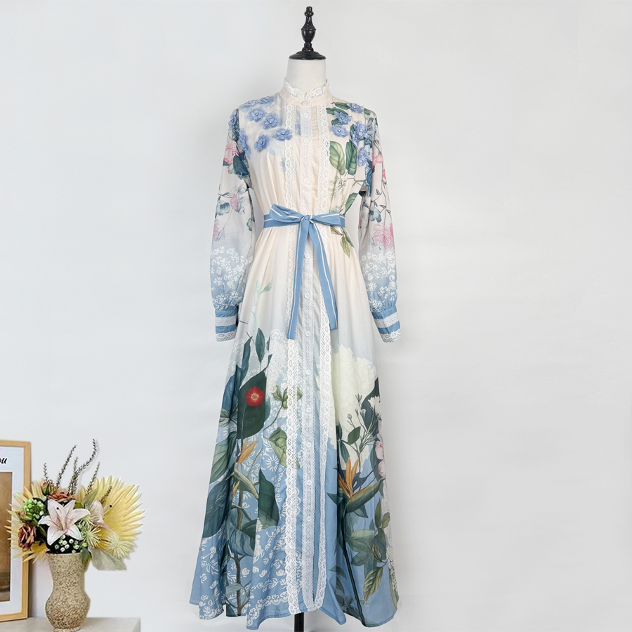 Real time shooting of European and American new tropical leaf positioning printed single breasted lantern sleeves long dress with tie up shirt skirt