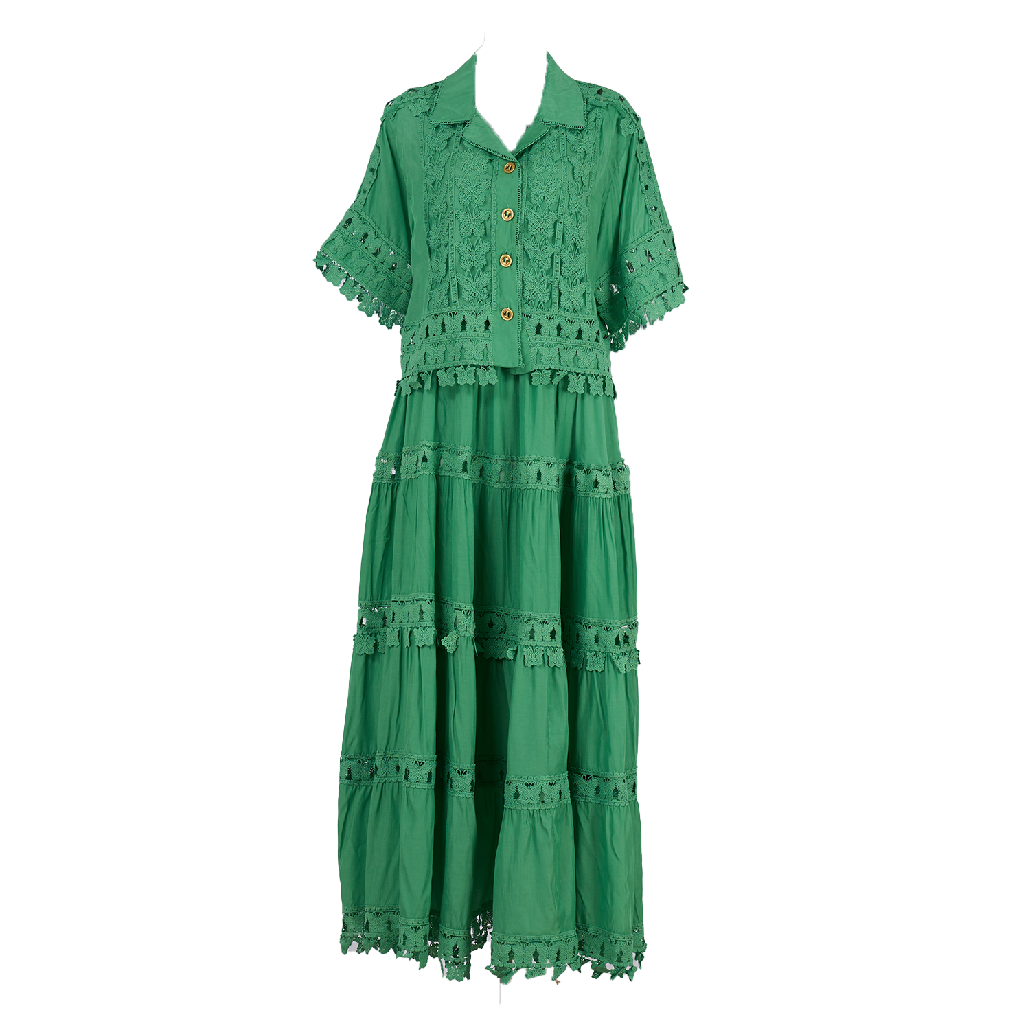 Real shot French retro summer new style 8-color lapel embroidered lace long shirt+skirt set for women Real shot French retro summer new style 8-color lapel embroidered lace long shirt+skirt set for women