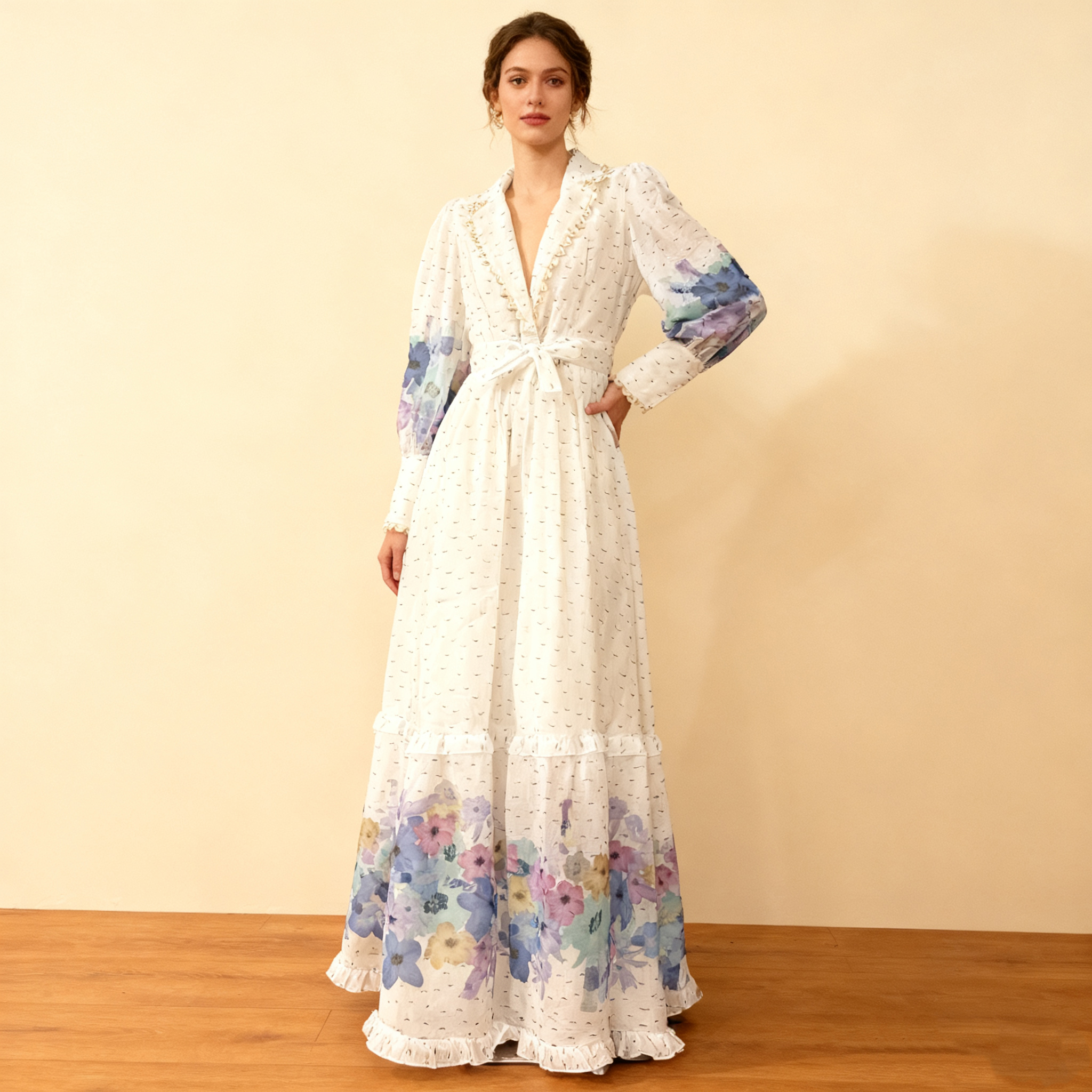 New retro palace style slim fit long dress with 2025V collar, shoulder print, tie up, waist cinching, long sleeved A-line skirt New retro palace style slim fit long dress with 2025V collar, shoulder print, tie up, waist cinching, long sleeved A-line skirt