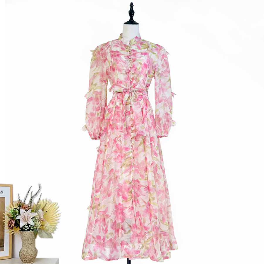 Real shot French elegant standing collar flower buckle heavy flower decoration waist cinching tie up big swing dress long skirt for women Real shot French elegant standing collar flower buckle heavy flower decoration waist cinching tie up big swing dress long skirt for women