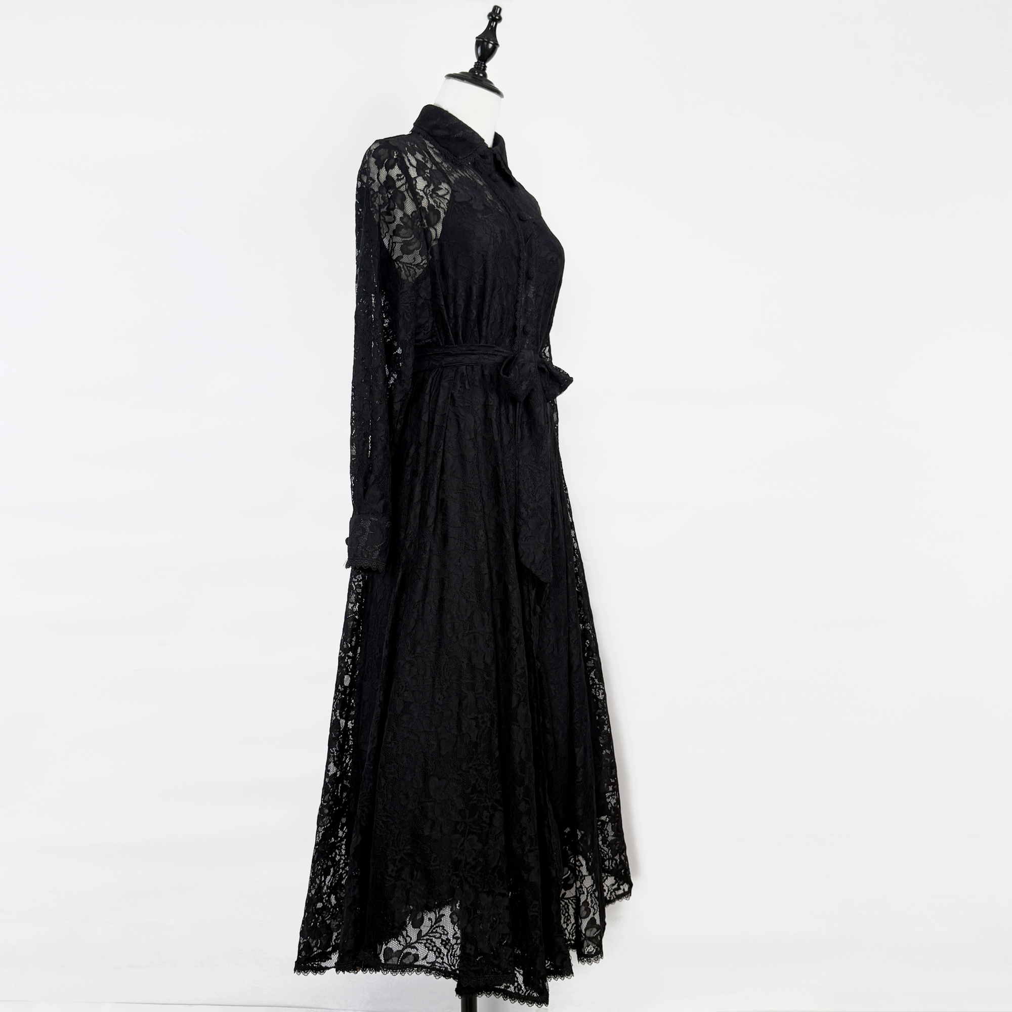 Real shot of 2-color elegant ladylike lantern sleeves with a high-end feel, solid color lace dress with single breasted buckle and waist cinching tie Real shot of 2-color elegant ladylike lantern sleeves with a high-end feel, solid color lace dress with single breasted buckle and waist cinching tie