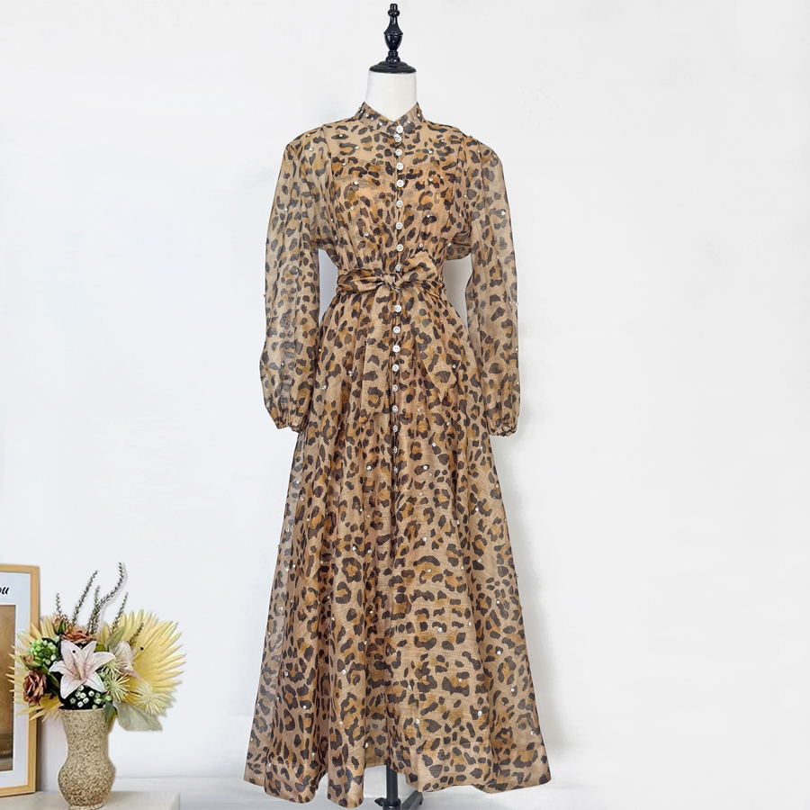 Realistic design with exquisite French style waist cinching and large swing dress, high-end luxury diamond cut small stand collar printed long skirt for women Realistic design with exquisite French style waist cinching and large swing dress, high-end luxury diamond cut small stand collar printed long skirt for women