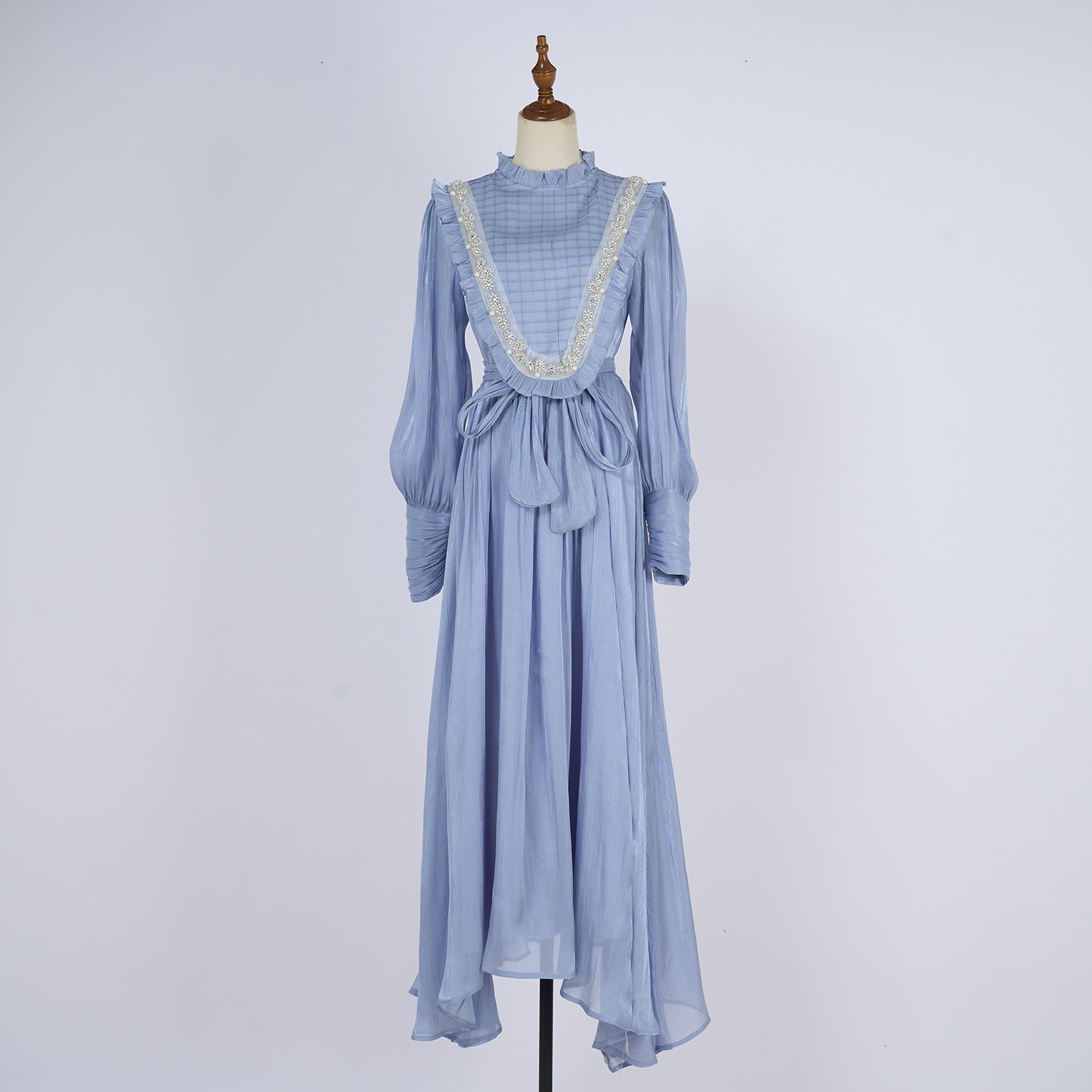 Real shot vintage lace patchwork pure white embroidered stand up collar lantern sleeve dress with large swing long skirt Real shot vintage lace patchwork pure white embroidered stand up collar lantern sleeve dress with large swing long skirt