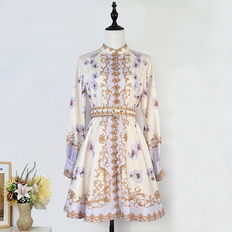 New Australian niche court style stand up collar, single breasted lantern sleeves, location printed waist cinching dress, short skirt