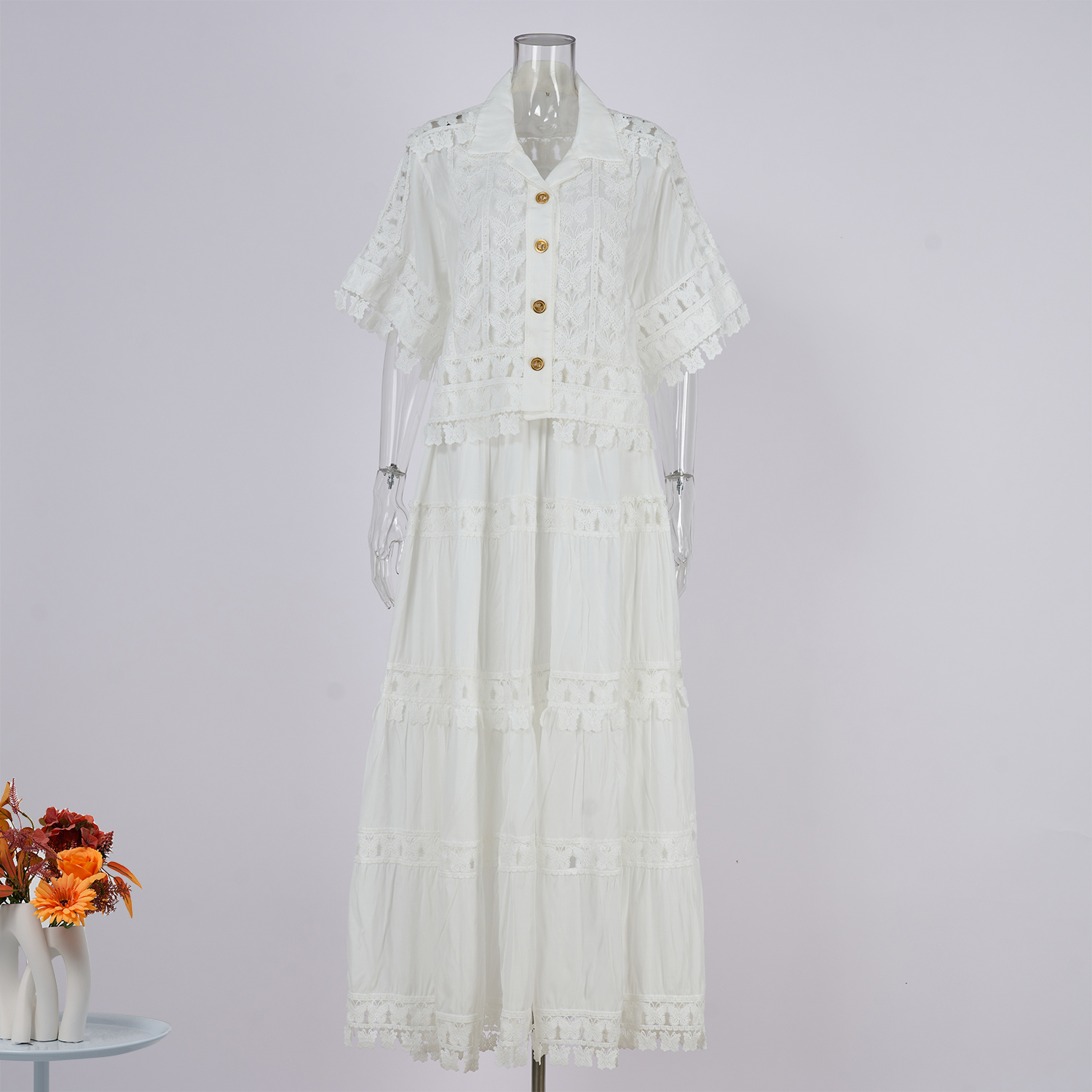 Real shot French retro summer new style lapel embroidered lace long shirt+skirt set for women