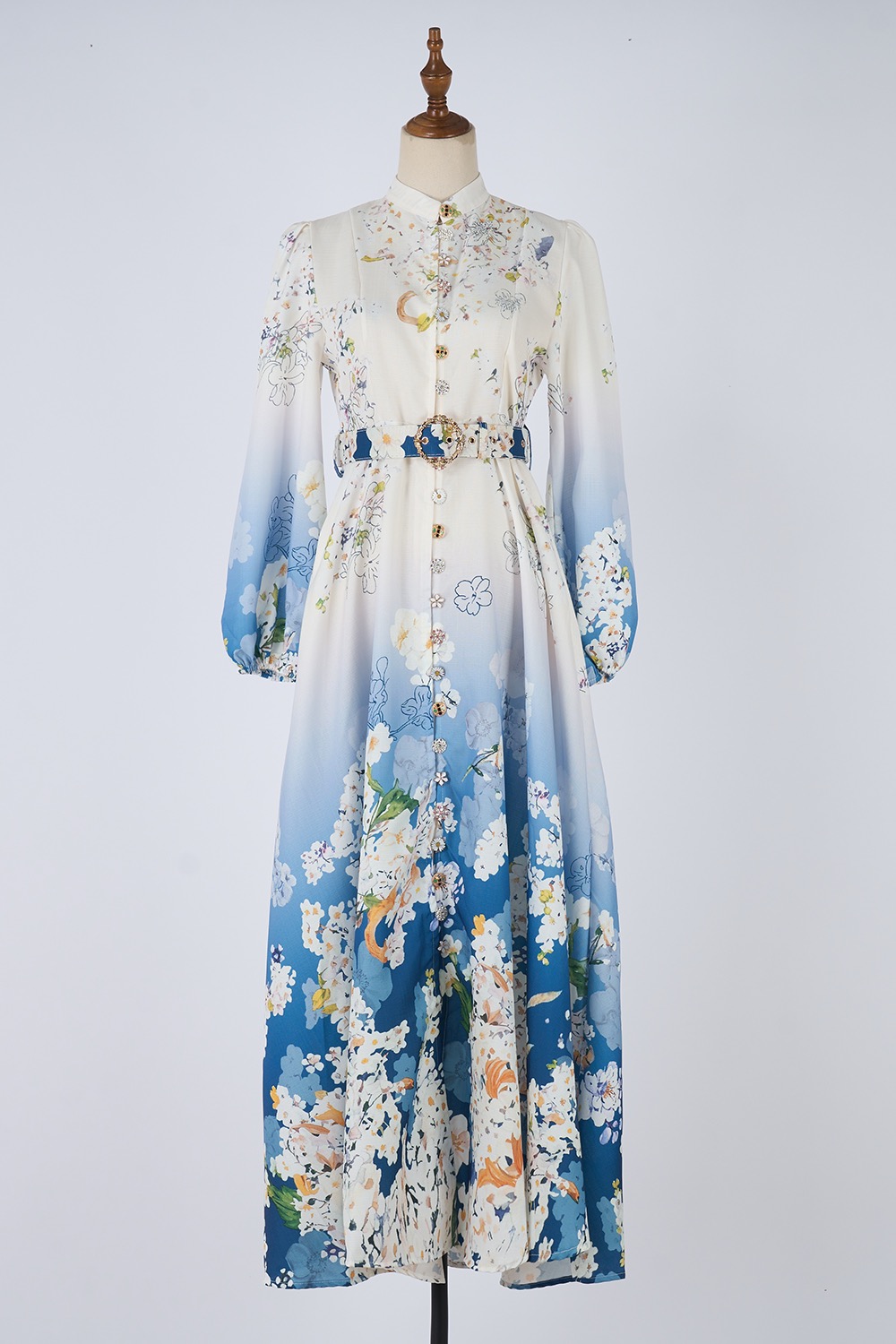 Real shot casual retro print exquisite single breasted stand up collar A-list dress ultra long skirt+belt 14 colors Real shot casual retro print exquisite single breasted stand up collar A-list dress ultra long skirt+belt 14 colors