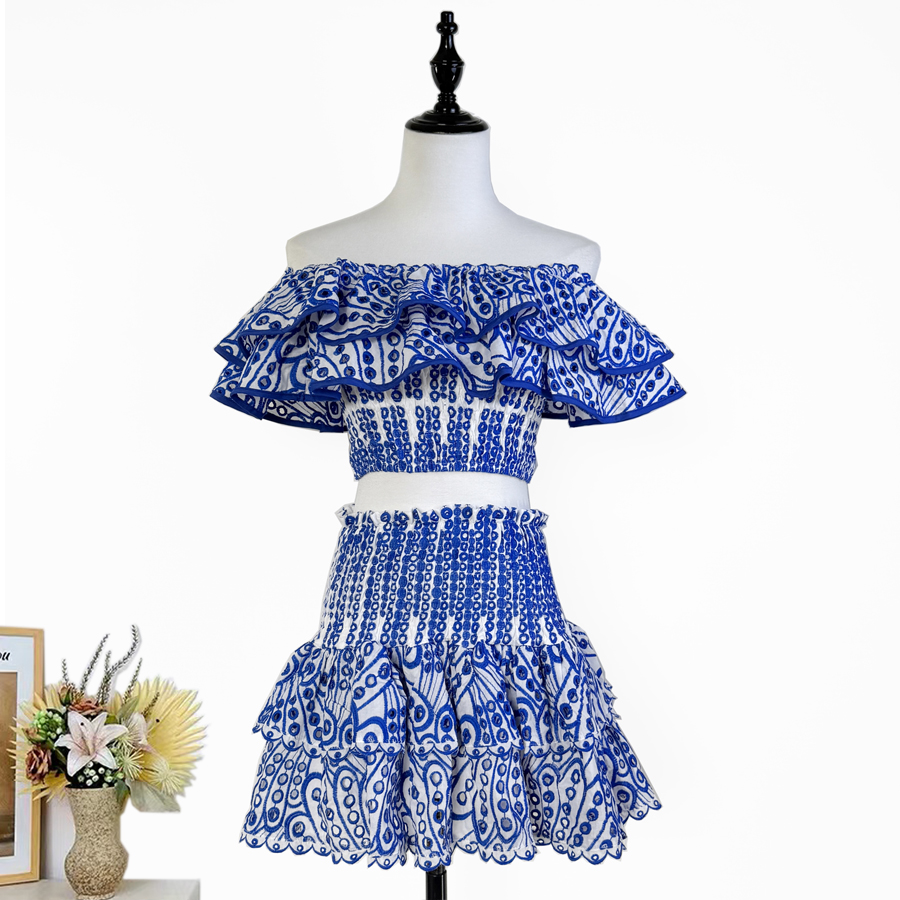Real shot Heavy Industry Embroidered Hollow One Word Neck Short Top+Elastic Hip Wrapping Cake Skirt Fashion Set Summer Real shot Heavy Industry Embroidered Hollow One Word Neck Short Top+Elastic Hip Wrapping Cake Skirt Fashion Set Summer