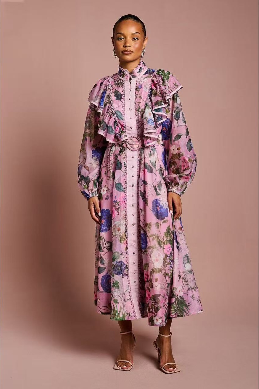 New floral ruffle edge long skirt 2025 autumn retro countryside style waist cinched buckle dress irregular skirt New floral ruffle edge long skirt 2025 autumn retro countryside style waist cinched buckle dress irregular skirt