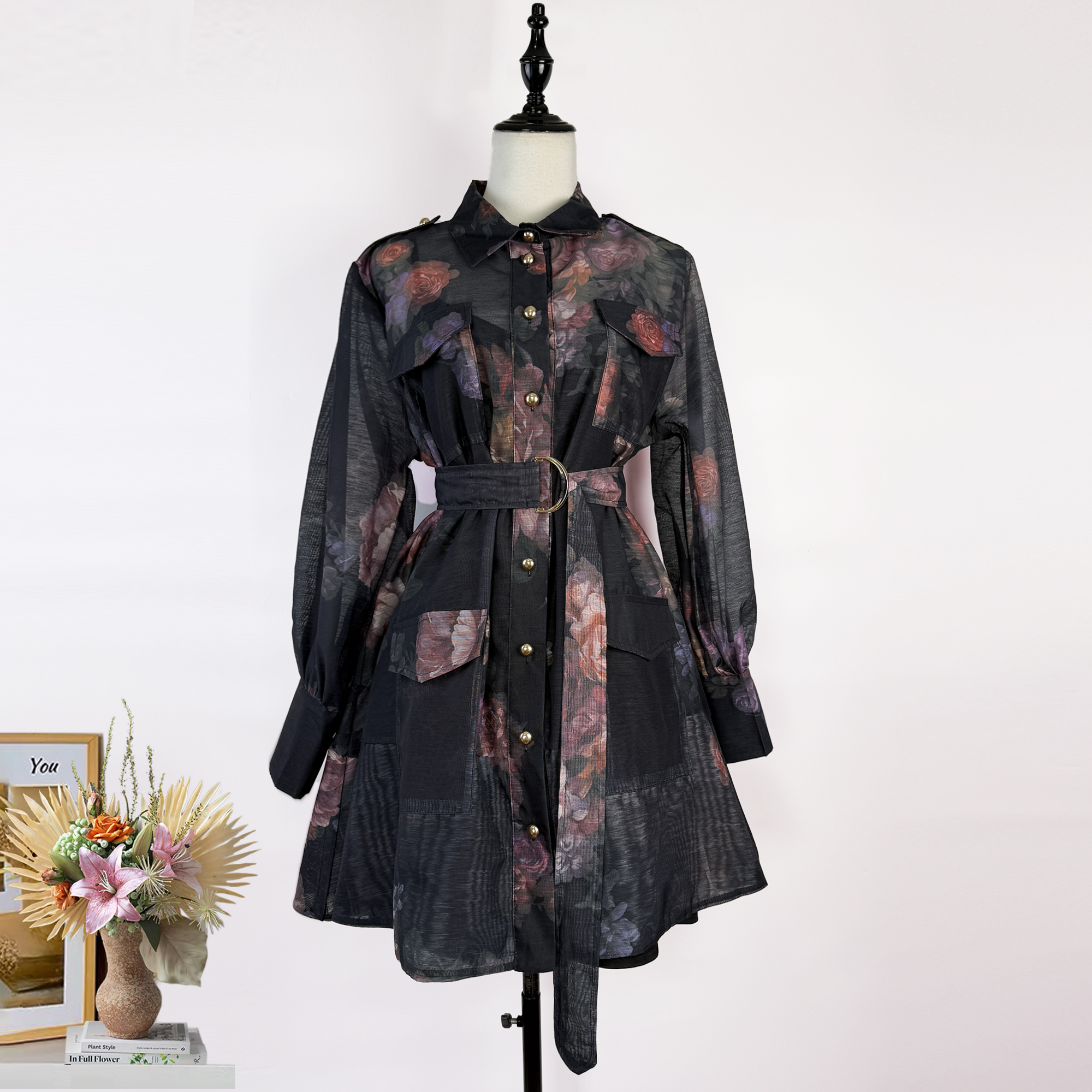 Real shot Australian design style lapel single breasted waist pocket dress long sleeved casual vacation skirt short skirt for women