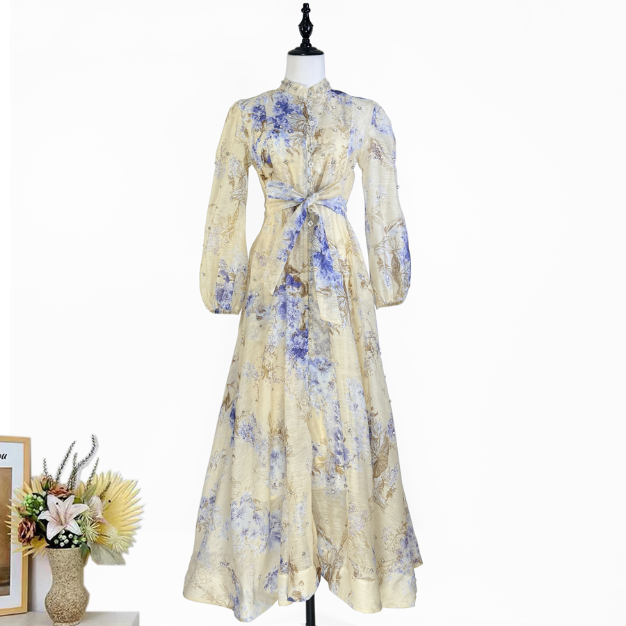 Realistic design with exquisite French style waist cinching and large swing dress, high-end luxury diamond cut small stand collar printed long skirt for women Realistic design with exquisite French style waist cinching and large swing dress, high-end luxury diamond cut small stand collar printed long skirt for women