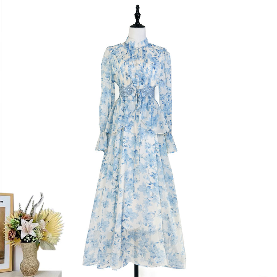 Real time shooting of fresh and sweet palace style long dress, summer new round neck button embroidered printed waist cinching dress Real time shooting of fresh and sweet palace style long dress, summer new round neck button embroidered printed waist cinching dress