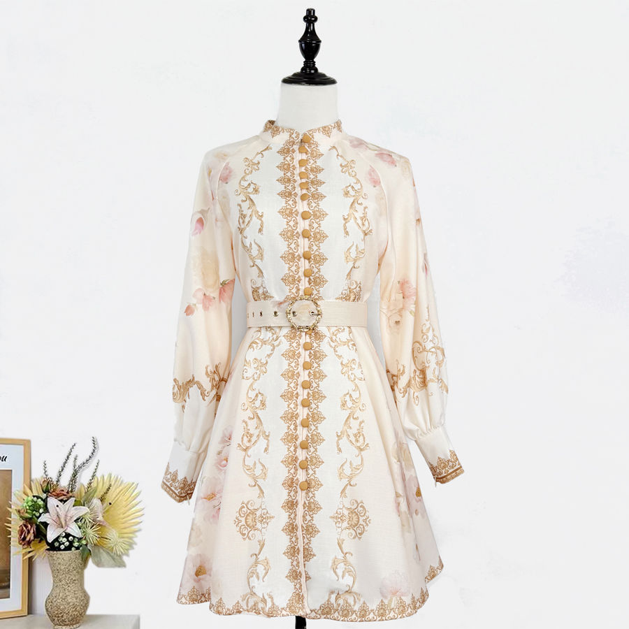 Real time shooting of new Australian niche retro positioning print stand collar lantern sleeves waist cinching dress short skirt with belt