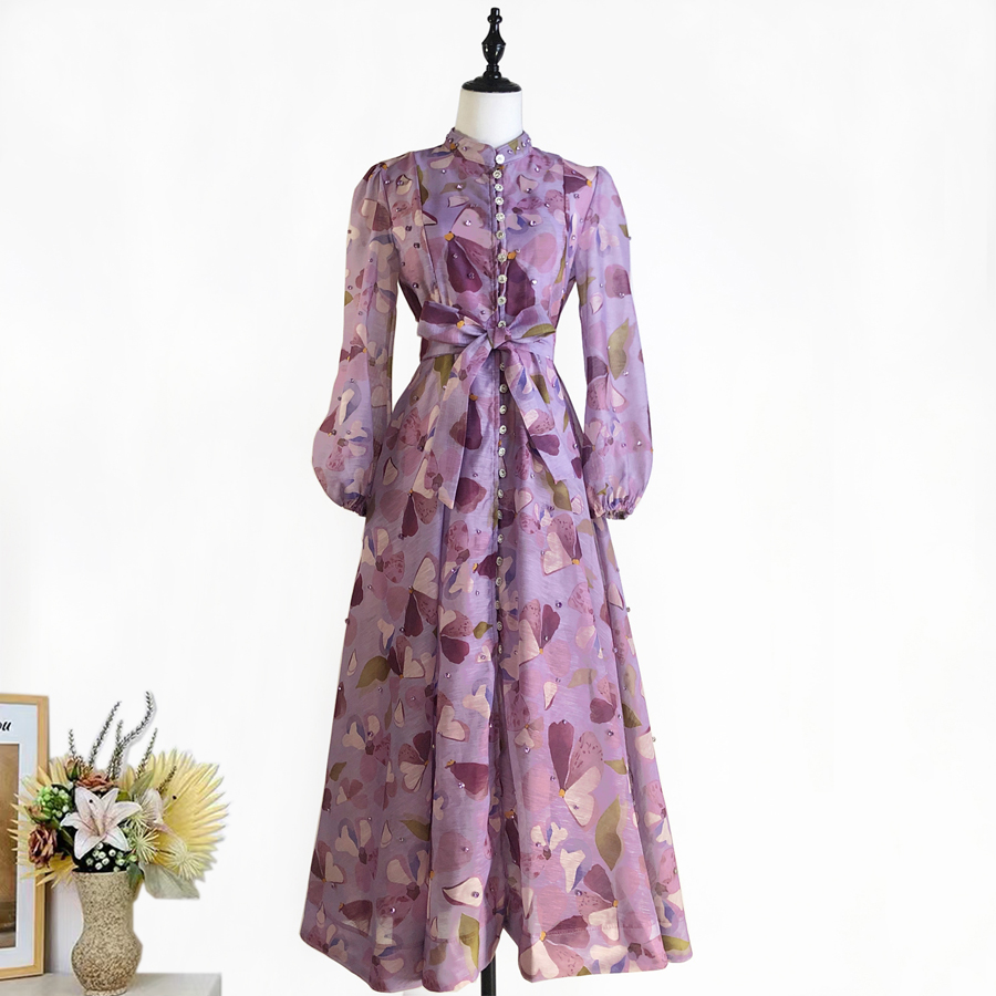 Realistic design with exquisite French style waist cinching and large swing dress, high-end luxury diamond cut small stand collar printed long skirt for women Realistic design with exquisite French style waist cinching and large swing dress, high-end luxury diamond cut small stand collar printed long skirt for women