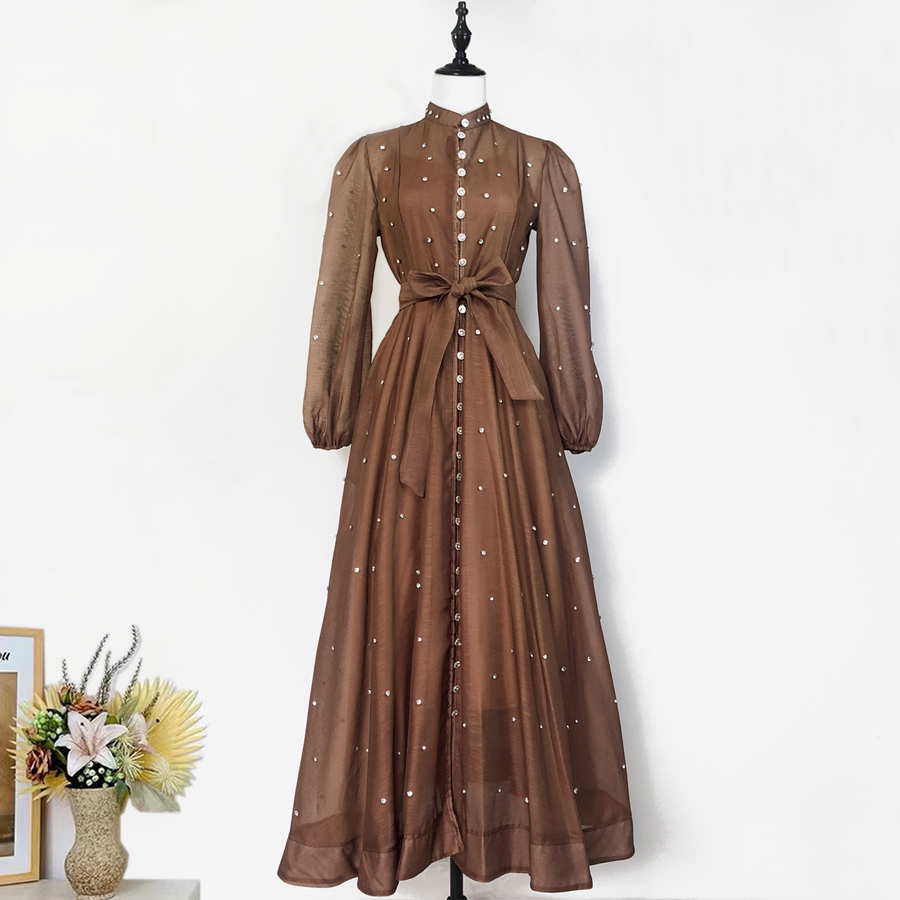 Realistic design with exquisite French style waist cinching and large swing dress, high-end luxury diamond cut small stand collar printed long skirt for women Realistic design with exquisite French style waist cinching and large swing dress, high-end luxury diamond cut small stand collar printed long skirt for women