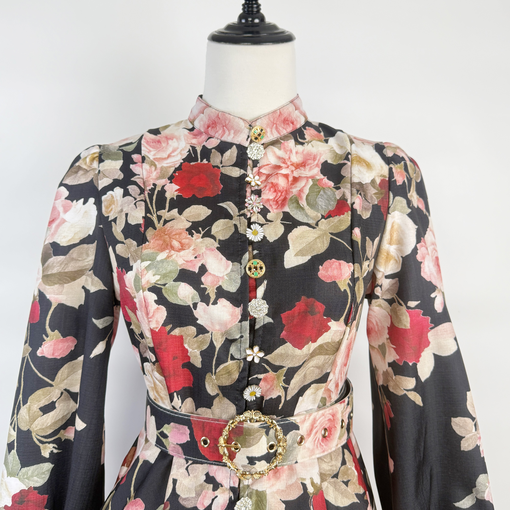 Real time shooting of Spring and Autumn new style women's standing collar lantern long sleeved waist cinching large swing printed jumpsuit short skirt+belt Real time shooting of Spring and Autumn new style women's standing collar lantern long sleeved waist cinching large swing printed jumpsuit short skirt+belt