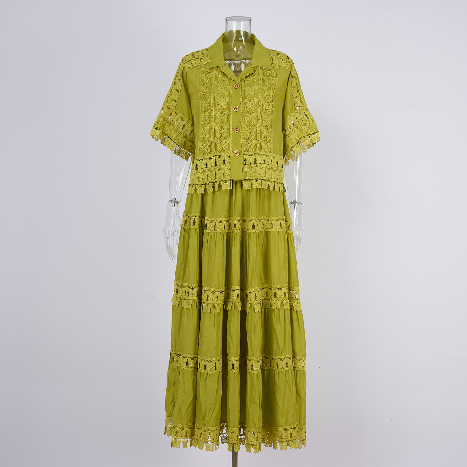 Real shot French retro summer new style 8-color lapel embroidered lace long shirt+skirt set for women Real shot French retro summer new style 8-color lapel embroidered lace long shirt+skirt set for women